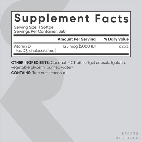 Sports Research Vitamin D3 5,000IU Enhanced with Coconut Oil 360 Mini Capsulas Blandas