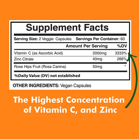 American Standard Supplements Vitamin C 2000Mg.+Zinc 40Mg.+Rose Hips 120 Capsulas