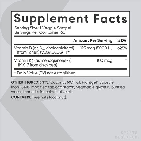 Sports Research Vitamin K2 + D3 with Organic Coconut Oil 60 Capsulas