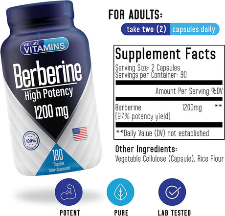 We Like Vitamins Max Strength Berberine HCl 1200Mg. 180 Capsulas