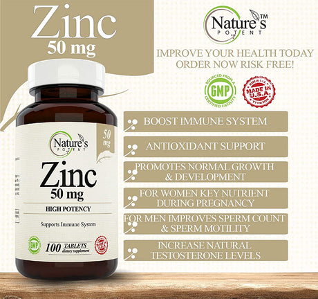 Nature's Potent Zinc 50Mg. 100 Tabletas