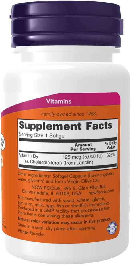 NOW Supplements Vitamin D-3 5,000IU 240 Capsulas Blandas