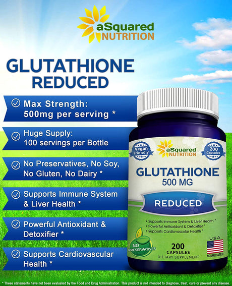 aSquared Nutrition Reduced Glutathione 500Mg. 200 Capsulas