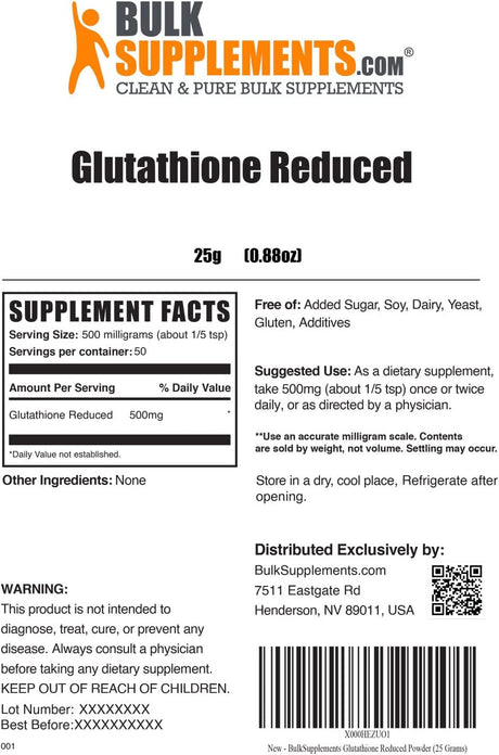 Bulk Supplements Glutathione Reduced 25G.