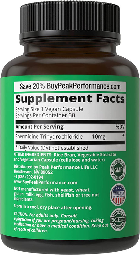 Peak Performance Spermidine Supplement Ultra High Strength Standardized to 99% Spermidine Trihydrochloride 30 Capsulas