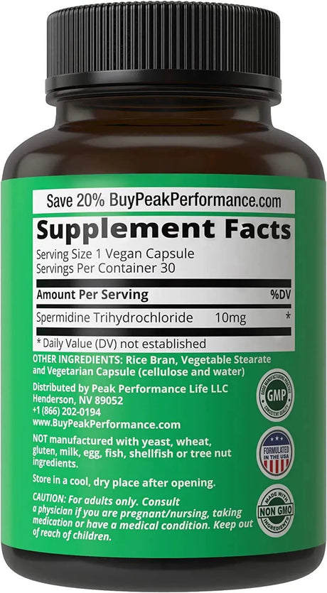 Peak Performance Spermidine Supplement Ultra High Strength Standardized to 99% Spermidine Trihydrochloride 30 Capsulas