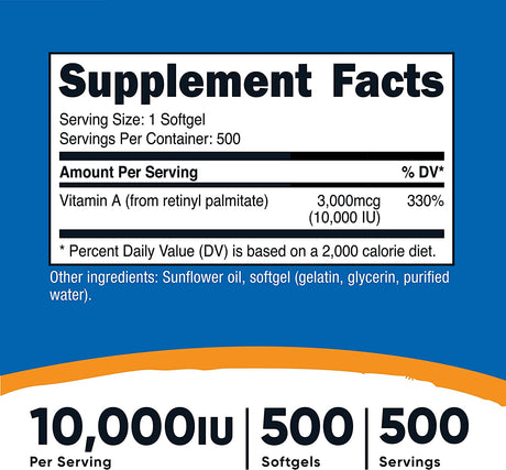 Nutricost Vitamin A 10,000IU 500 Capsulas Blandas