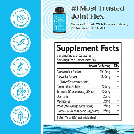 NutriRise Glucosamine Chondroitin Quercetin & MSM with Turmeric Curcumin 2100mg Triple Strength Joint Support Supplement 90 Capsulas