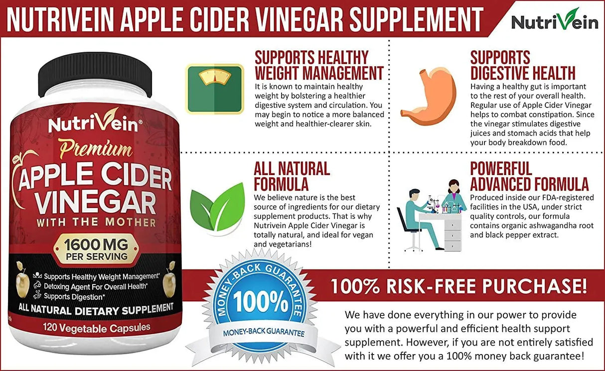NUTRIVEIN - Nutrivein Apple Cider Vinegar 1600Mg. 120 Capsulas - The Red Vitamin MX - Suplementos Alimenticios - {{ shop.shopifyCountryName }}