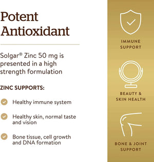 SOLGAR - Solgar Zinc 50Mg. 100 Tabletas - The Red Vitamin MX - Suplementos Alimenticios - {{ shop.shopifyCountryName }}